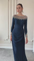 Blue long sleeves beaded evening gown